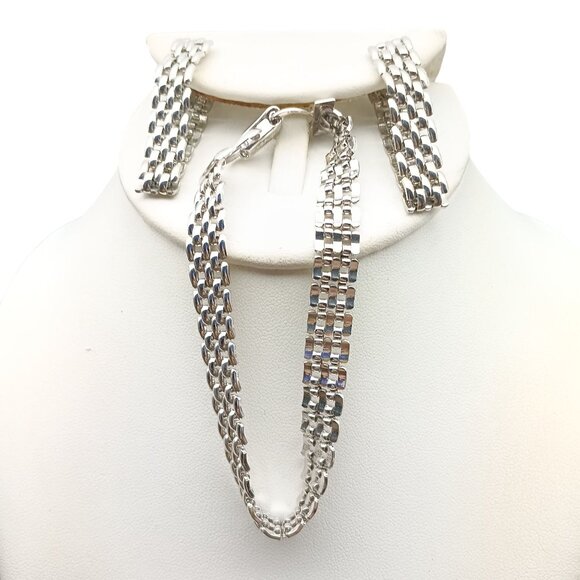 Vintage Silver-Tone Chain Panther Link Bracelet & Matching Earrings Set Demi Par - Picture 5 of 5